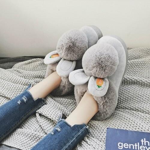 Cute Bunny Slippers Women Black Winter Warm Fur Cotton Home Indoor Plush Fuzzy Slippers Fur Slides Ladies House Shoes Woman 2020