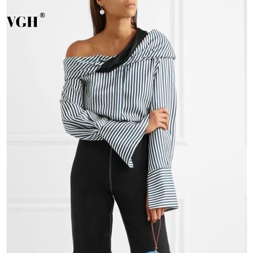 VGH Casual Asymmetrical Blouses For Women Skew Collar Flare Long Sleeve Loose Elegant Striped Shirts Female Fashion New Clothing