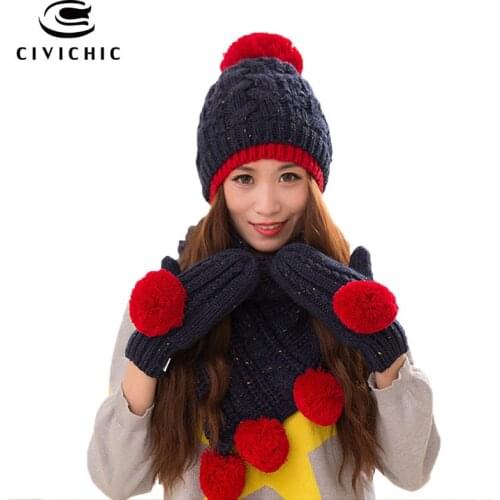 CIVICHIC Winter Womens Knitted Hat Gloves Scarf Warm Set Faux Wool Shawl Pompon Beanies Skullies Headwear Thicken Mittens SH170