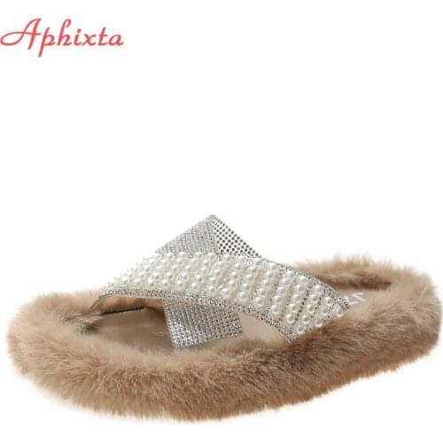 Aphixta 2021 New Furry Winter Warm Luxury Peal & Crystals Home Slippers Women Flip Flop Round Toe Mules Shoes Indoor Female