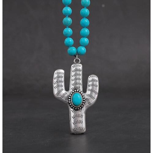 Amaiyllis Handmade Knotted Stone Beads Long Strand Necklace For Women Big Cactus Pendant Necklace Indian Sweater Chain Necklace