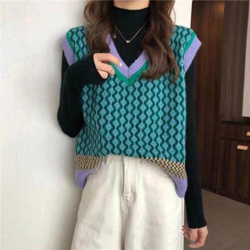 Sweet Knitting Vest Woman Sweater V-neck Vintage Vests For Women Winter 2020 Loose Casual Fashion Womens sleeveless sweater Top