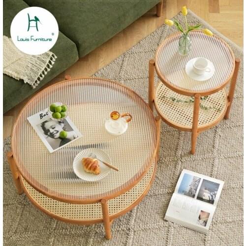 Louis Fashion Rattan Tea Table Simple Small Family Living Room Circular Glass Japanese Style