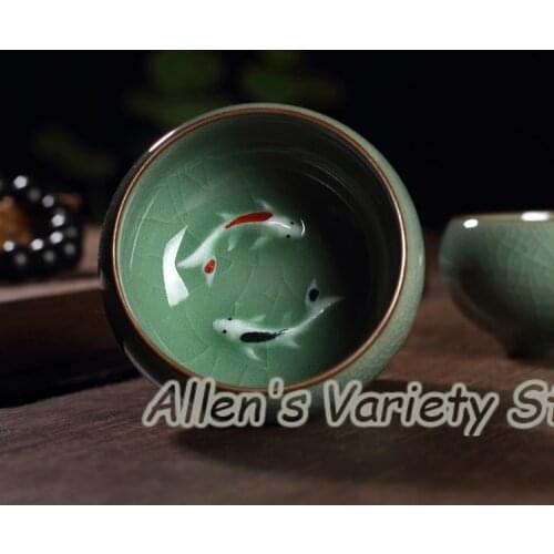 Golden fish crackle glaze Geyao china Porcelain coffee cup Ge Kiln Chinese Longquan Celadon Celadon Crackle Teacup cups tea set
