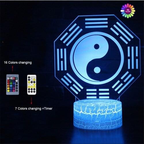 3D Optical Illsion Night Light Bagua Map 7/16Colors Changing Acrylic Table Lamp Indoor Decoration Children,Bedroom USB/Battery