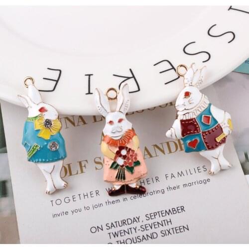 5pcs Fashion DIY enamel Alice in Wonderland charms for bracelet, metal alloy rabbit pendants women girl dangle jewelry making