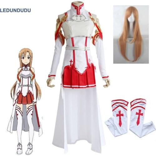 Anime Sword Art Online Asuna Yuuki Dress Cosplay SAO Asuna Battle Suit Outfits Uniform Full Set for Halloween Costumes Wigs