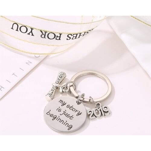 Stainless Steel My Story Is Just Beginning Graduate Black English Words Number Key Chains for Women & Men & Students
