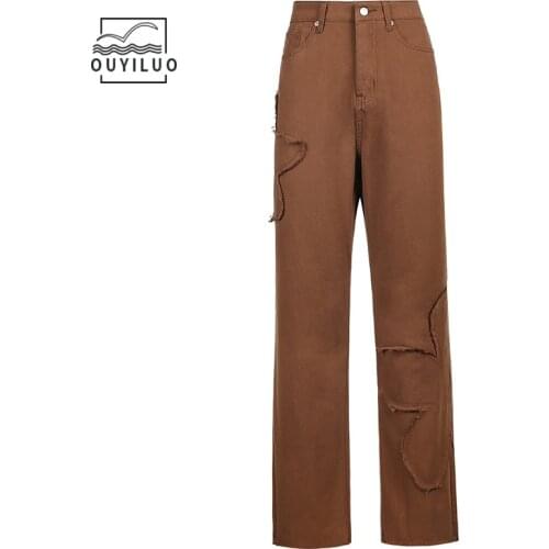 Jeans 2021 New Womens Pants Vintage Brown Burnt Flower Drooping Straight Pants High Waist Casual Denim Trousers Loose Cowgirl