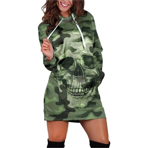 Fashion Autumn Winter Women Long Sleeve Casual Hooded Camouflag Skull Print Mini Dress Casual Pullover 2021 New Female Hoodies