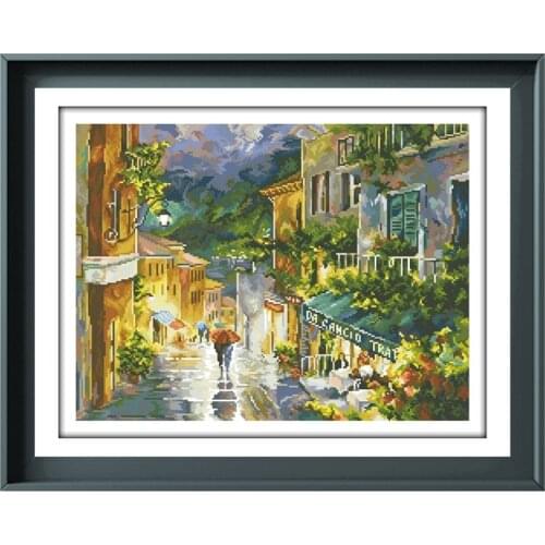 Rainy night cross stitch kits city street pattern design 18ct 14ct 11ct unprint canvas embroidery DIY needlework