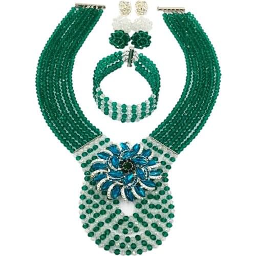 Nigerian Wedding Beads African Jewelry Set Army Green and Transparent Crystal Bridal Party Jewelry Sets 6C-XJZ004