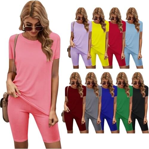 2021 Summer New Womens Clothing Solid Color Sports and Leisure T-Shirt Shorts Suit Two-Piece Suit