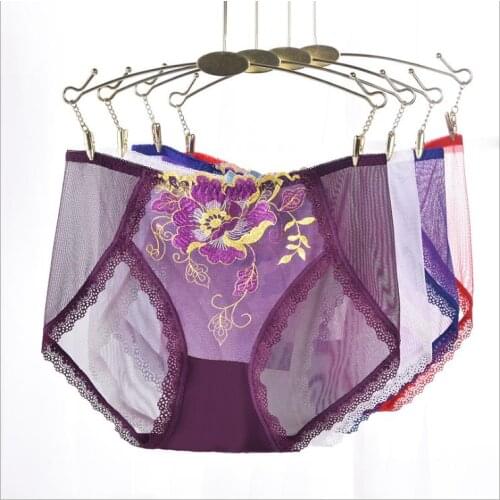 New woman underwear Sexy rose embroidery mesh panties Breathable lady briefs Mid-Rise