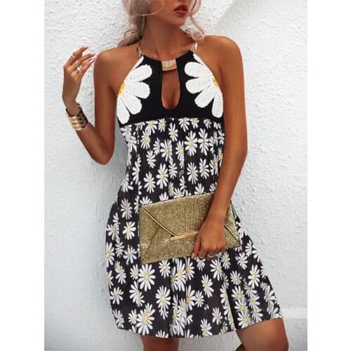 Hollow Out Party Sleeveless Mini Dress Fashion Casual Short Dress for Women Printed Short Mini Dress A-Line Vestidos Backless