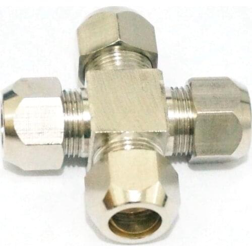 Fit Tube O/D 10mm Cross 4 Ways Brass Sleeve Ferrule Pneumatic Air Compression Connector Adapter