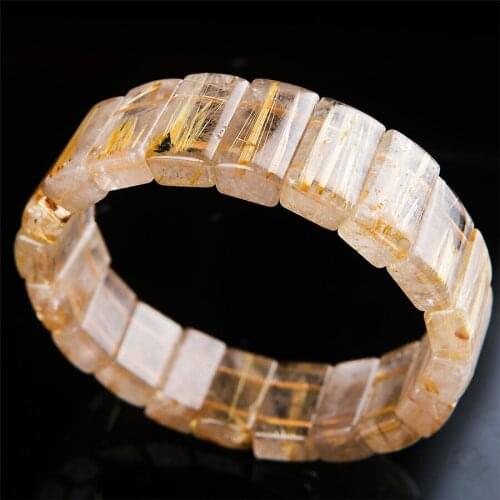 Genuine Natural Golden Rutilated Quartz Crystal Rectangle Beads Fashion Power Stretch Charm Bracelet 17*7mm