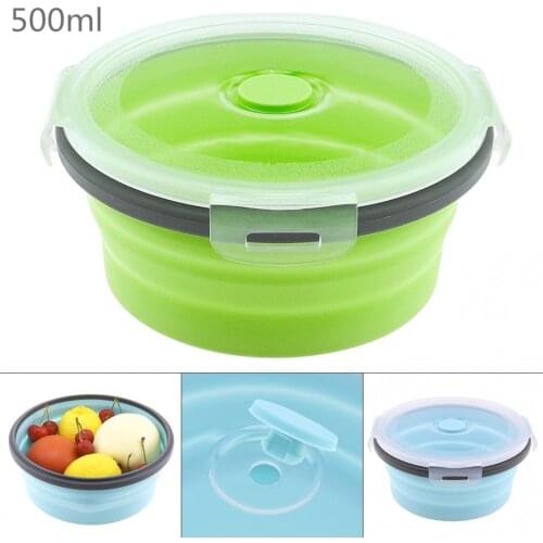 500ML Portable Circular Silicone Scalable Folding Lunchbox Bento Box with Silicone Sealing Plug for - 40 ~ 230 Centigrade