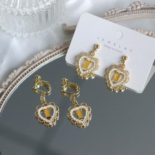 Silver Petite Baroque Palace Style Love Lace Stud Earrings Lolita European and American Earrings Non-pierced Ear Clip Female