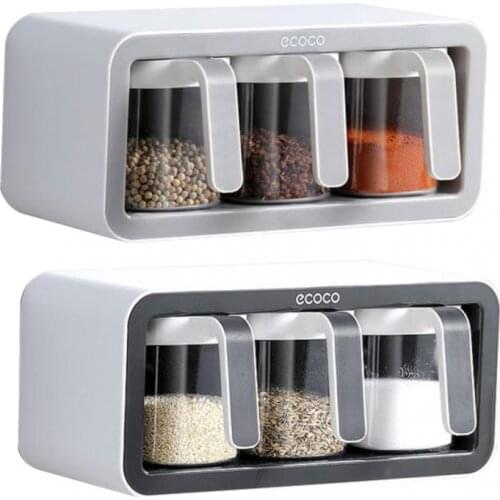 High Quality Wall Mount Spice Rack Organizer Sugar Bowl Salt Shaker Seasoning Container Spice Boxes With Spoons Kitchen Supplies