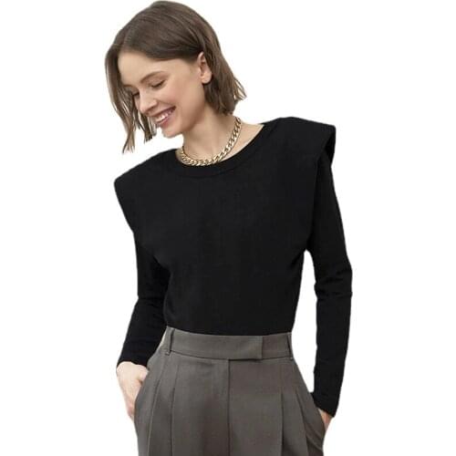 2020 New Fashion Pads Shoulder Top Women Graceful Long Sleeve T-Shirts Ladies Solid Color Top For Work Daily Wear Autumn Spring