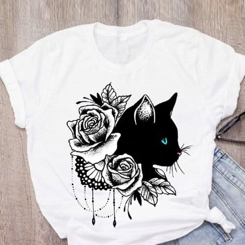 Women Cat Flower Pet Cute Short Sleeve Fashion Printed Summer Lady Womens Clothing Tops T-Shirt Shirt Tees Lovely T Shirt