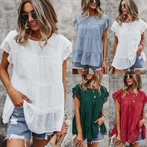 Womans Solid color Loose Tees Embroidery T-shirts Soft O-Neck Polyester Shirts Butterfly Sleeve New Clothes Fashion Summer Tops