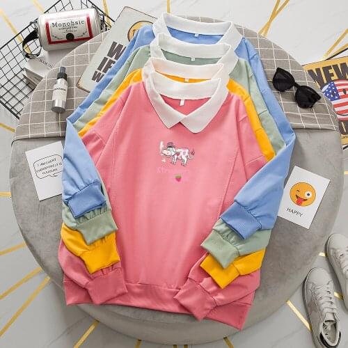 Women Pullovers Hoodie Autumn Jumpers Collared Strawberry Cow Print Sweatshirt Kawaii Clothes Harajuku Hoodies Ropa Para Dama