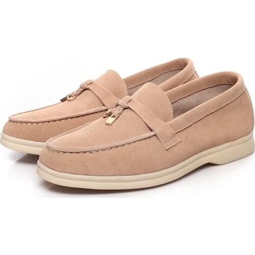 Good Quality Nude Suede Loafers Summer walk shoes Women Metal lock decorate Slip On mules Casual Flat Shoes Runway Shoes