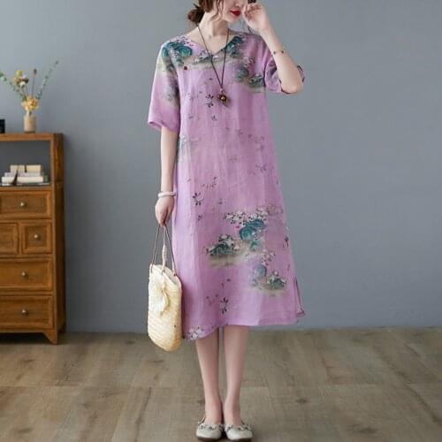 Women Summer Cotton Linen Casual Dress New Arrival 2021 Chinese Style Vintage V-neck Print Loose Female Long Dresses B374