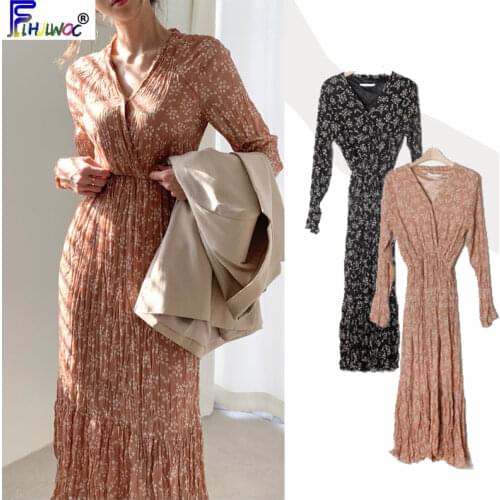 Spring Winter Basic Wear Dresses Women V Neck Design Korea Japan Style Slim Waist A Line Chiffon Floral Vintage Dress Long S525