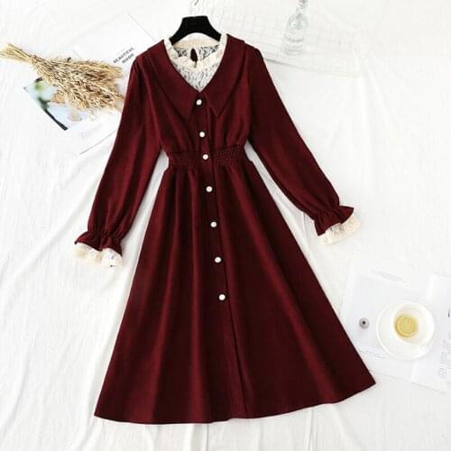 2021 New Vintage Lace Stitching Corduroy Dresses Spring A-line Midi Long Dress Women High Waist Vestido Elegant Dress