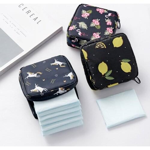 1PC Trendy Cute Cartoon Pure Cotton Cloth Art Large-capacity Menstual Pad Period Sanitary Napkin Storage Bag 13 * 13cm 6 Styles