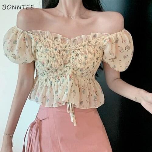 Blouses Women Chiffon Simple Cute Floral Soft Summer Crop Top Elegant Casual Preppy Girls Slim All-match Popular Chic Folds Ins