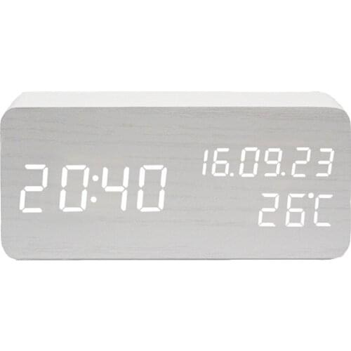 White Wood LED Alarm Clock Electronic Desktop Table Clocks Bedside Wake Up Digital Clocks DespertadorTemperature Humidity