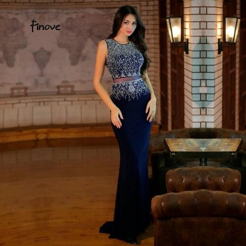 Finove 2020 Black Mermaid Evening Dresses O Neck Beadings Prom Gowns Illusion Floor Length Vintage Graduation Party Dresses robe