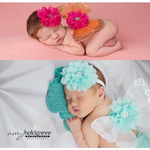 Floral Pearl Baby Girl Hairband Angel Wing Photography Props Headwear Newborn Photo Background Butterfly Combs Elastic Hair Band