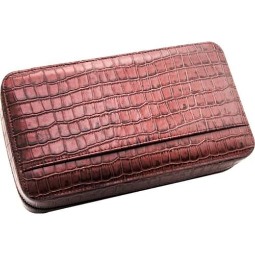 Smoking Gadget Full Grain Crocodile Leather Cedar Wood 4 Tube Travel Cigar Case Humidor Holder Brown Fit COHIBA