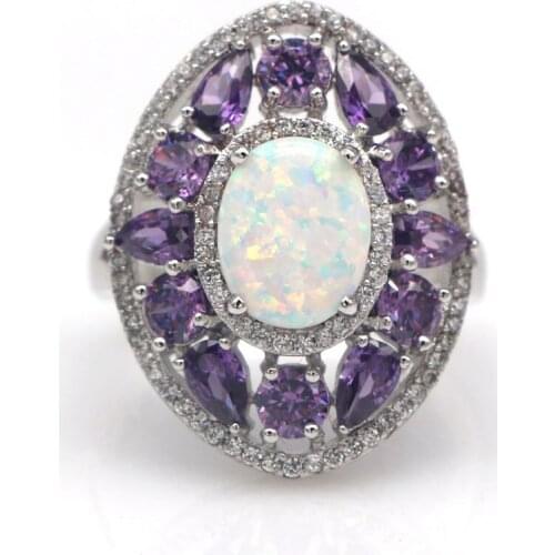 JZ0218 Womens oval opal rings with white opal surrounded by purple zircon rings ladies fashion jewelry