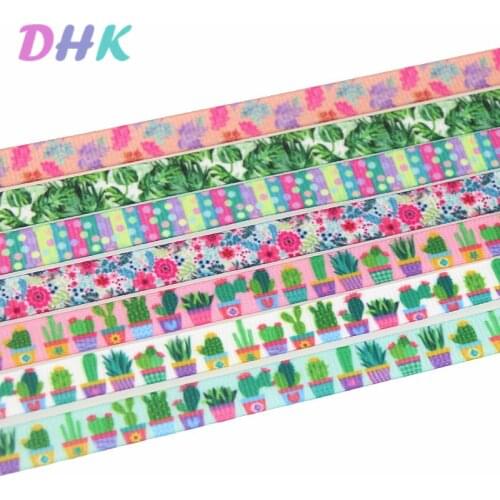 DHK 3/8'' 5yards leaf cactus flower dots printed grosgrain ribbon Accessory hairbow headwear DIY decoration 9mm C1832