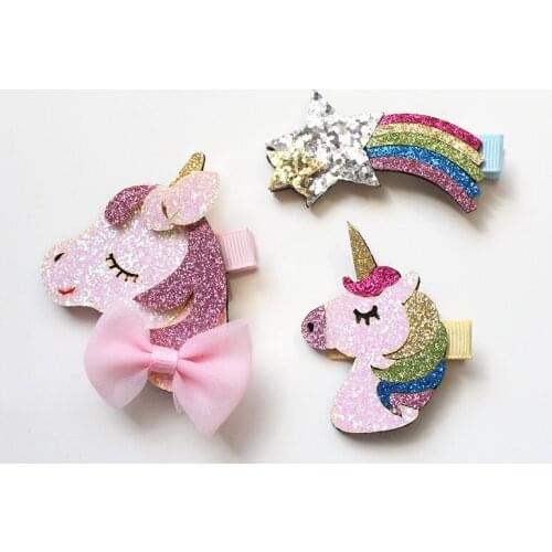 20pcs/lot Lovely Horse Horn Hair Bows Cute Animals Hair Clip Kid Rainbow Hairpin with Mini Stars Girl Hair Clip Hair Accessories