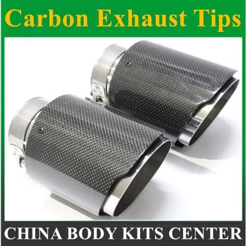 1pair Trim Modified Car Liner Pipe Stainless Steel + Gloss Carbon Fiber Car Exhaust Muffler Tip Pipe Exhaust System