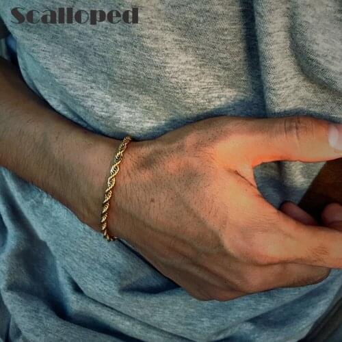 SCALLOPED Trendy Punk Hip Hop Stainless Steel Charm Bracelets For Men Women Twist Chain Unfading Statement Jewelry