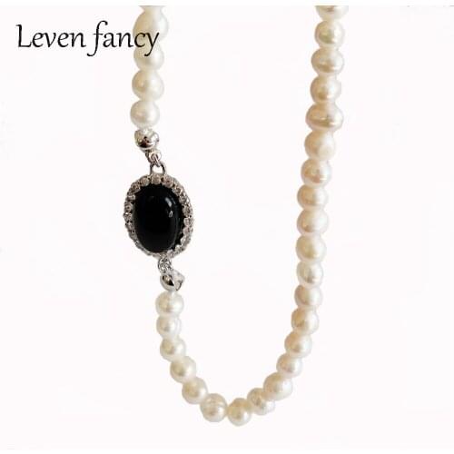 Natural Freshwater Pearl Necklace 925 Sterling Silver Jewelry Black Agate with AAAA Cubic Zircon Stone Fashion Choker Party Gift
