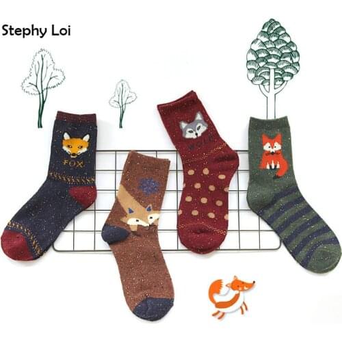 Korean thick wool cotton women girl crew socks autumn winter of Harajuku animal Fox Wolf striped sox brand lovely cute christmas