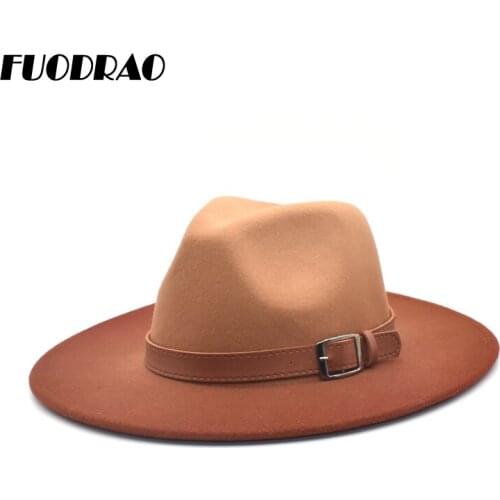 FUODRAO New Fedora Hat Women Large Brim Autumn Winter Wool Panama Bowler Hat Gradient Color Jazz Cap Men Wholesale D3