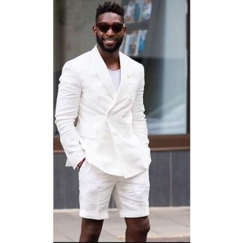 New Arrival Groomsmen White Groom Tuxedos Peak Lapel Men Suits 2 Pieces Wedding Bridegroom ( Jacket + Short Pants + Tie ) D199