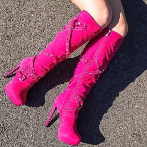 Autumn winter boots women round toe zip platform high heels shoes buckle studded knee high boots women