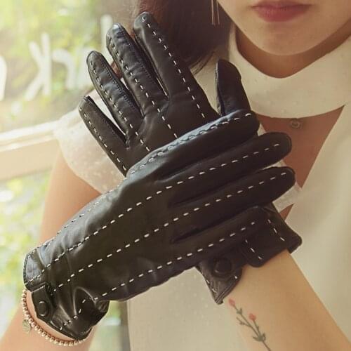 Real Leather Gloves Female Spring Autumn Warm Ladys Driving Sheepskin Gloves Thin Silky Nylon Lined Women Gloves BN87017