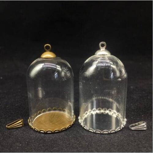 5sets 25x38mm clear bell glass dome bubble bottle for diy jewelry necklace crystal tube vials pendants silver/bronze lace tray